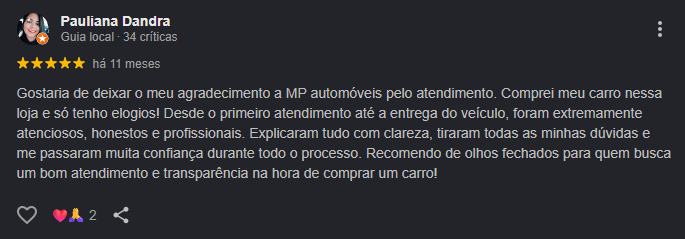 Avaliacao de cliente da MP Automoveis 2